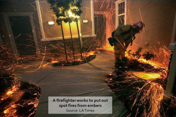 A firefighter works to put out spot fires from embers around a patio. 